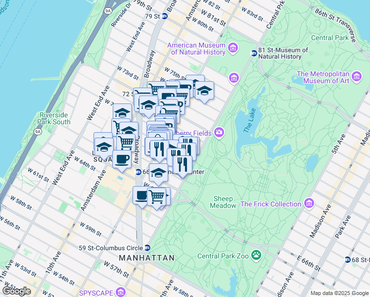 map of restaurants, bars, coffee shops, grocery stores, and more near 88 Central Park West in New York