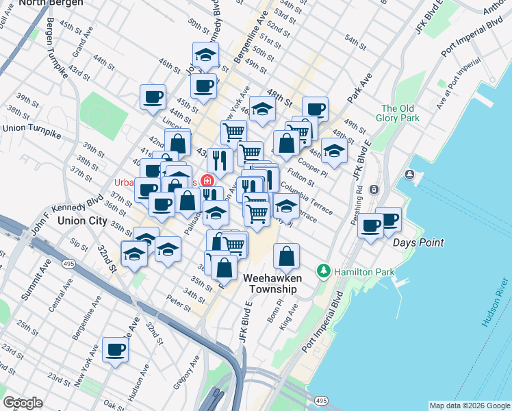map of restaurants, bars, coffee shops, grocery stores, and more near 4098 Park Avenue in Weehawken