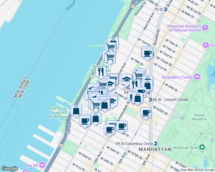map of restaurants, bars, coffee shops, grocery stores, and more near 101 West End Avenue in New York