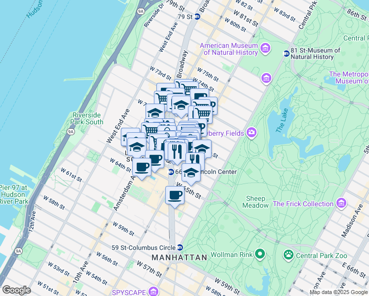 map of restaurants, bars, coffee shops, grocery stores, and more near 105 West 68th Street in New York