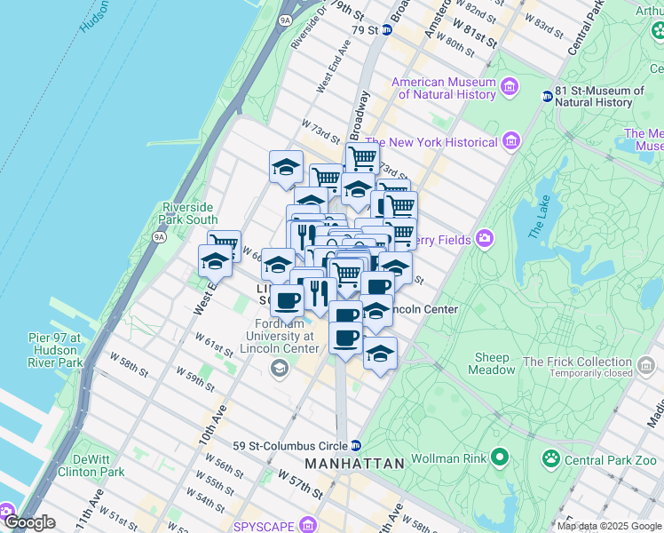 map of restaurants, bars, coffee shops, grocery stores, and more near 1991 Broadway in New York