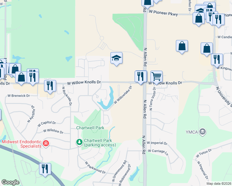 map of restaurants, bars, coffee shops, grocery stores, and more near 7249 North Lakeside Court in Peoria