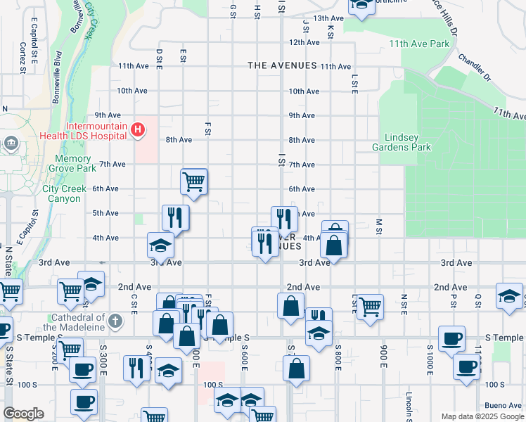 map of restaurants, bars, coffee shops, grocery stores, and more near 218 H Street in Salt Lake City