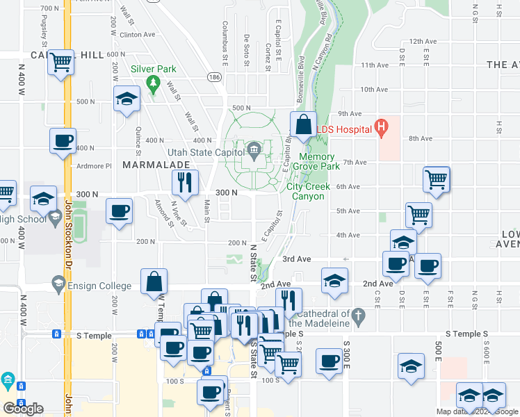 map of restaurants, bars, coffee shops, grocery stores, and more near 234 State Street in Salt Lake City