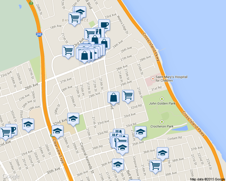 map of restaurants, bars, coffee shops, grocery stores, and more near 29-29 Bell Boulevard in Queens