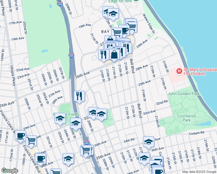 map of restaurants, bars, coffee shops, grocery stores, and more near 210-07 29th Avenue in Queens