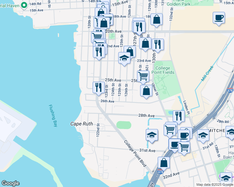 map of restaurants, bars, coffee shops, grocery stores, and more near 25-69 125th Street in Queens