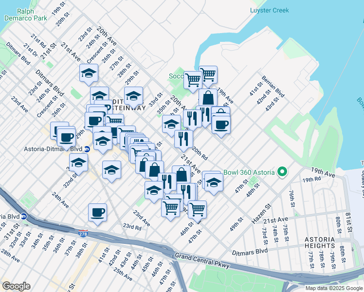 map of restaurants, bars, coffee shops, grocery stores, and more near 20-79 Steinway Street in Queens