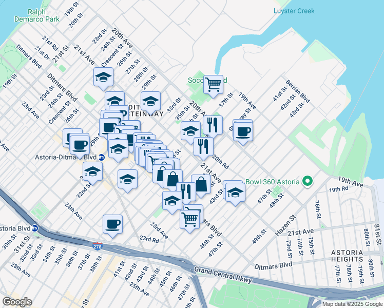 map of restaurants, bars, coffee shops, grocery stores, and more near 21-23 38th Street in Queens