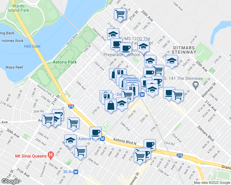 map of restaurants, bars, coffee shops, grocery stores, and more near 23-41 28th Street in Queens
