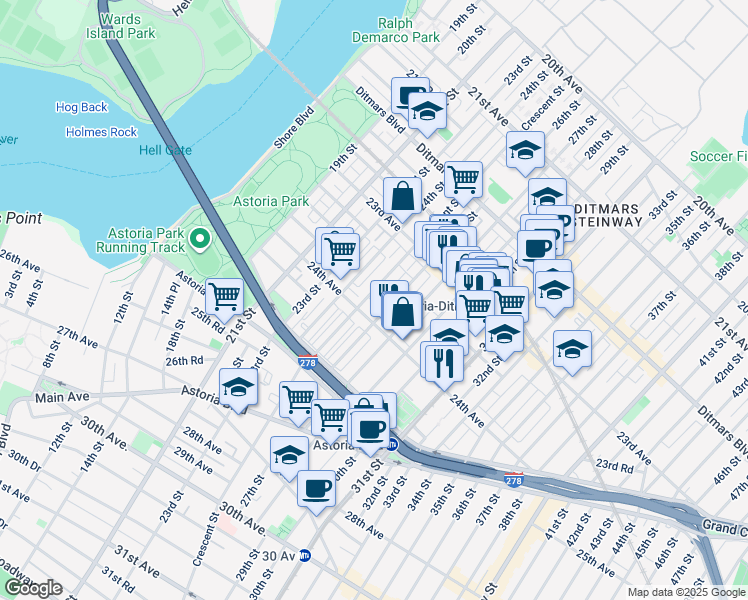 map of restaurants, bars, coffee shops, grocery stores, and more near 23-90 26th Street in Queens