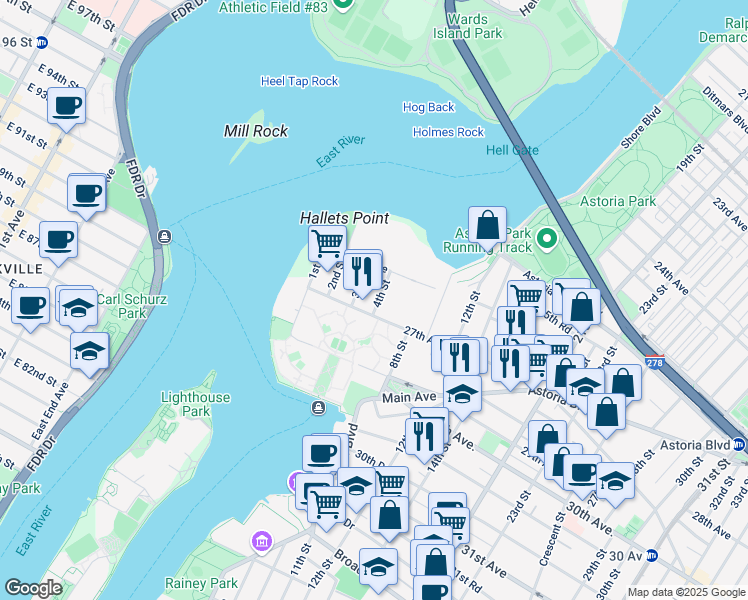 map of restaurants, bars, coffee shops, grocery stores, and more near in Queens