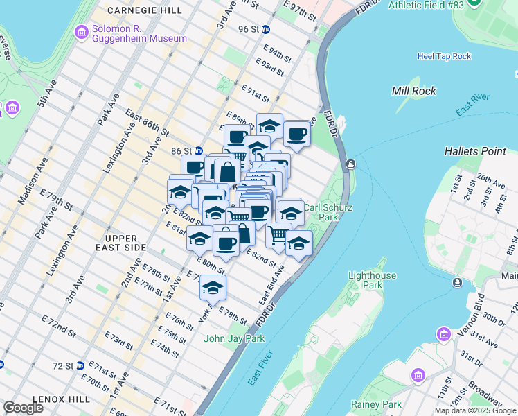 map of restaurants, bars, coffee shops, grocery stores, and more near 1575 York Avenue in New York