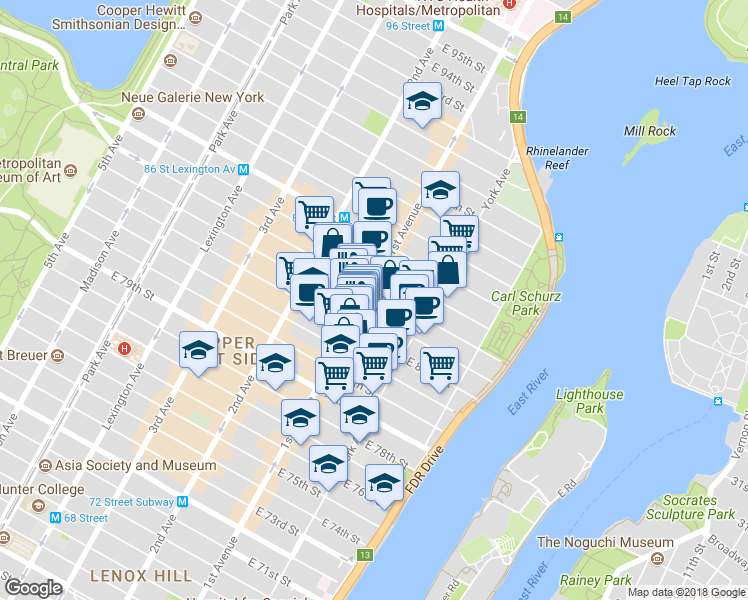map of restaurants, bars, coffee shops, grocery stores, and more near 408 East 82nd Street in New York