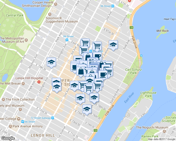 map of restaurants, bars, coffee shops, grocery stores, and more near 1569 1st Avenue in New York