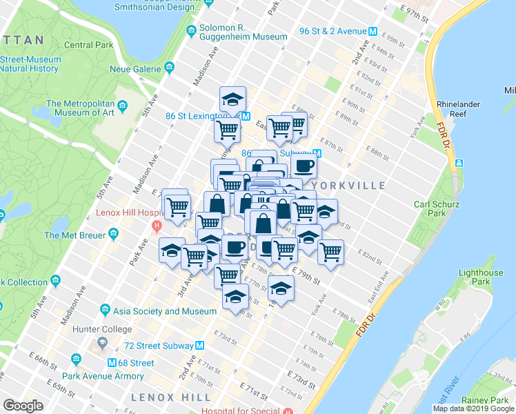 map of restaurants, bars, coffee shops, grocery stores, and more near 1553 2nd Avenue in New York