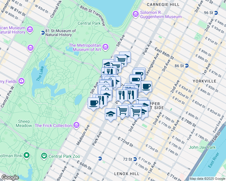 map of restaurants, bars, coffee shops, grocery stores, and more near 80 East 77th Street in New York