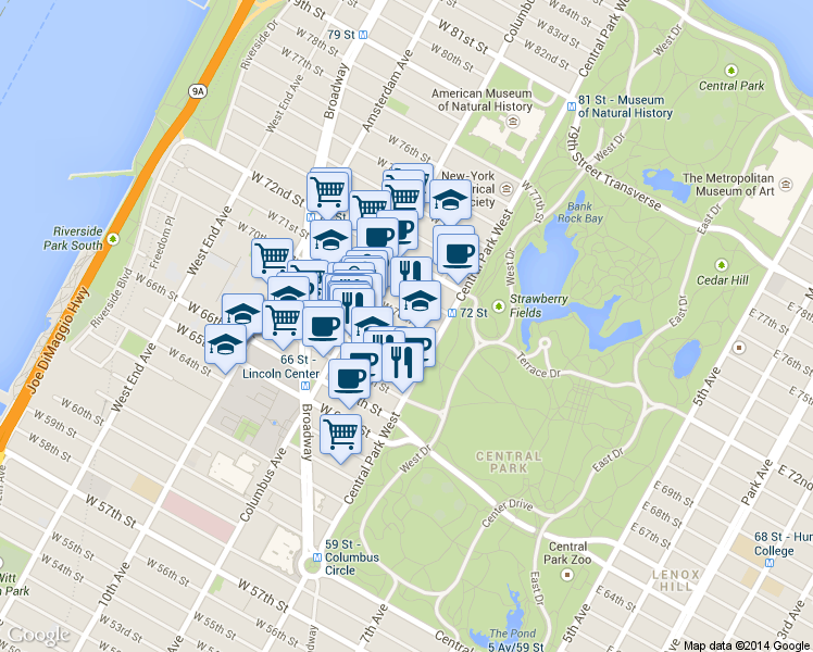 map of restaurants, bars, coffee shops, grocery stores, and more near 88 Central Park West in New York