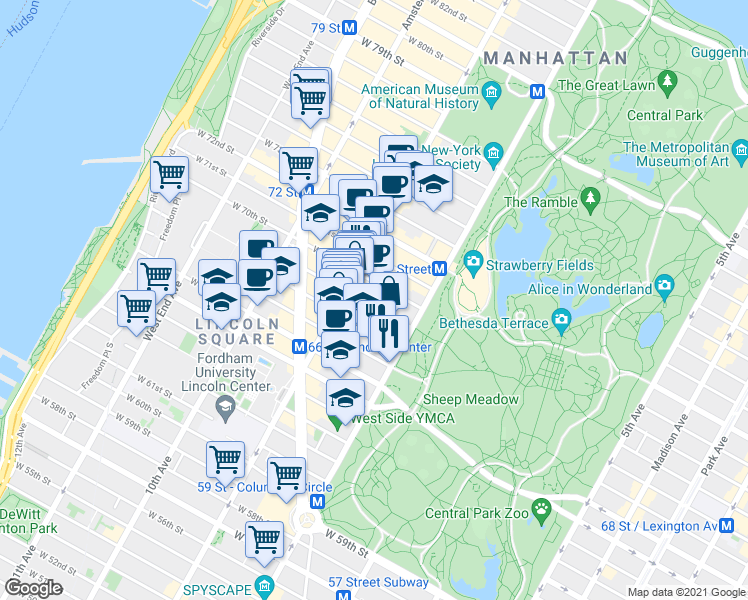 map of restaurants, bars, coffee shops, grocery stores, and more near 88 Central Park West in New York