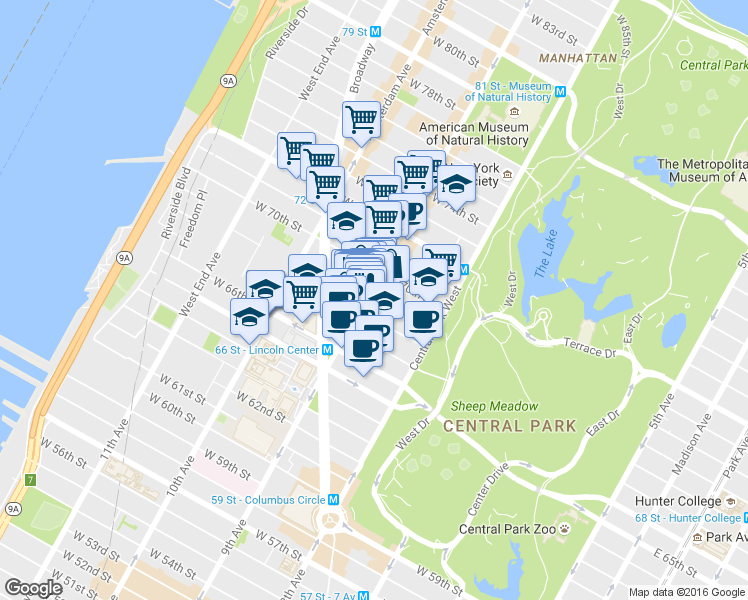 map of restaurants, bars, coffee shops, grocery stores, and more near 67 West 68th Street in New York
