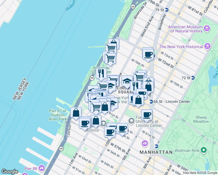 map of restaurants, bars, coffee shops, grocery stores, and more near 75 West 63rd Street in New York