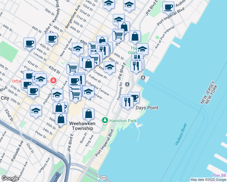 map of restaurants, bars, coffee shops, grocery stores, and more near 883 Boulevard East in Weehawken
