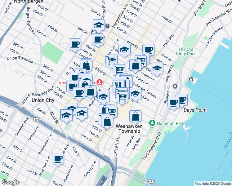 map of restaurants, bars, coffee shops, grocery stores, and more near 4098 Park Avenue in Weehawken