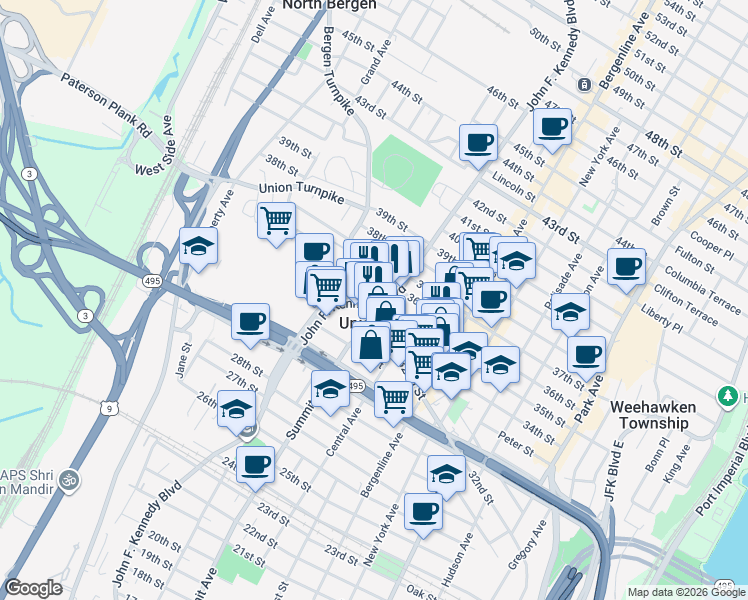 map of restaurants, bars, coffee shops, grocery stores, and more near in Union City