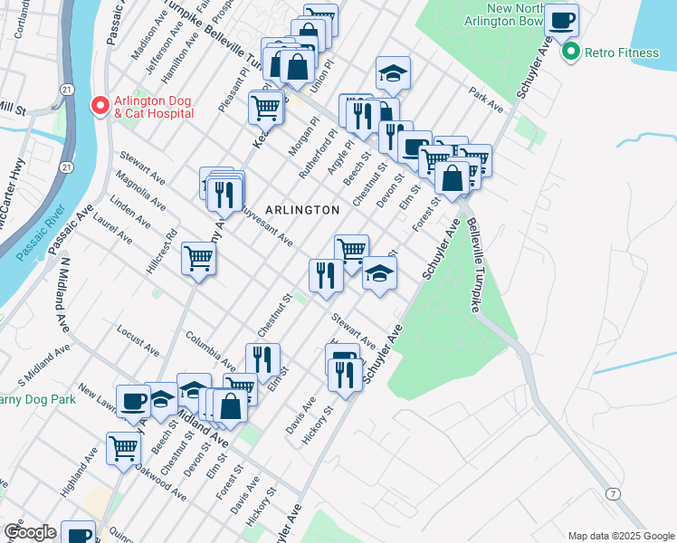 map of restaurants, bars, coffee shops, grocery stores, and more near 636 Elm Street in Kearny