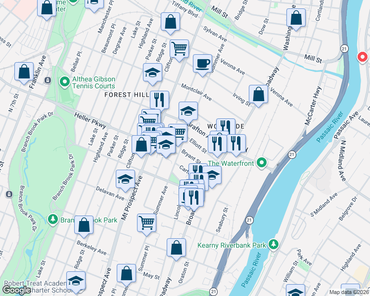 map of restaurants, bars, coffee shops, grocery stores, and more near 58 Bryant Street in Newark