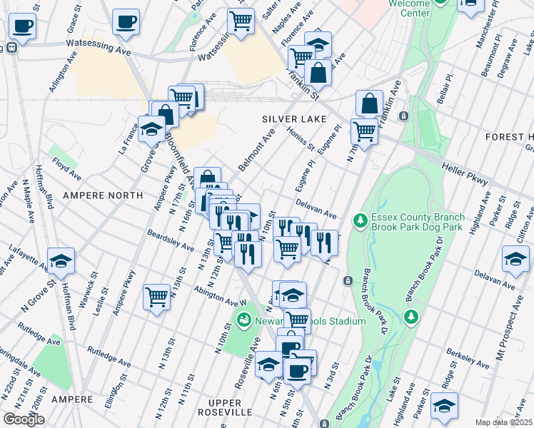 map of restaurants, bars, coffee shops, grocery stores, and more near 552 North 9th Street in Newark
