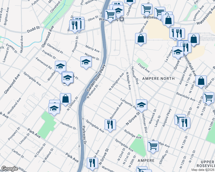 map of restaurants, bars, coffee shops, grocery stores, and more near 444 North Arlington Avenue in East Orange