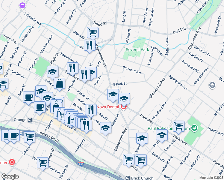map of restaurants, bars, coffee shops, grocery stores, and more near 730 Park Avenue in East Orange