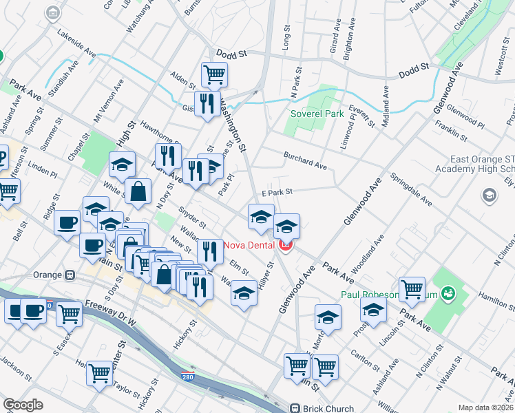 map of restaurants, bars, coffee shops, grocery stores, and more near 730 Park Avenue in East Orange