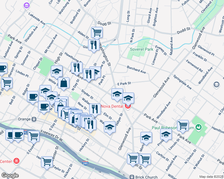 map of restaurants, bars, coffee shops, grocery stores, and more near 730 Park Avenue in East Orange