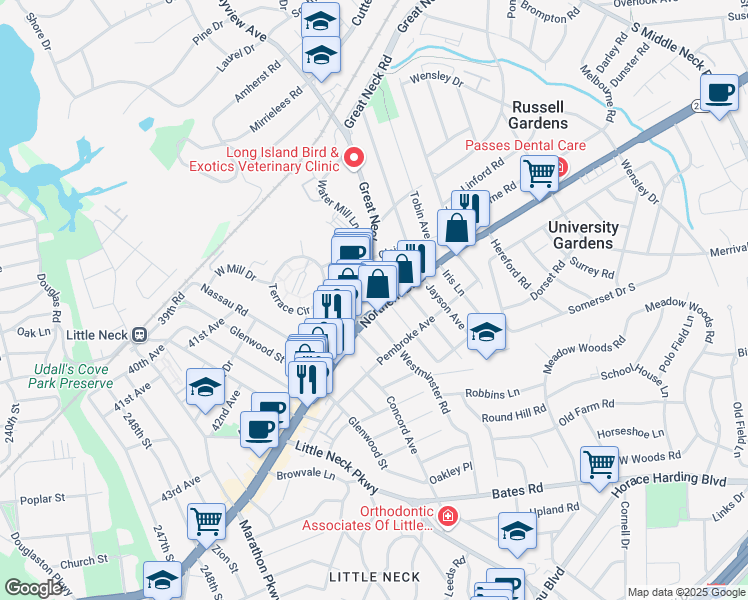 map of restaurants, bars, coffee shops, grocery stores, and more near 4511 Westminster Road in Great Neck