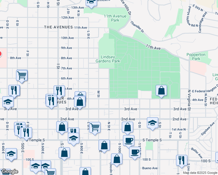 map of restaurants, bars, coffee shops, grocery stores, and more near 255 N Street in Salt Lake City