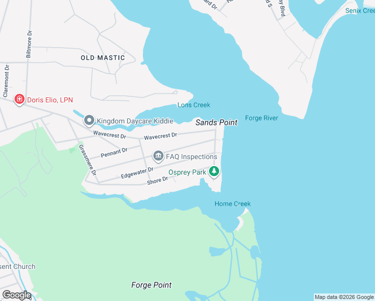 map of restaurants, bars, coffee shops, grocery stores, and more near 26 Edgewater Drive in Mastic Beach