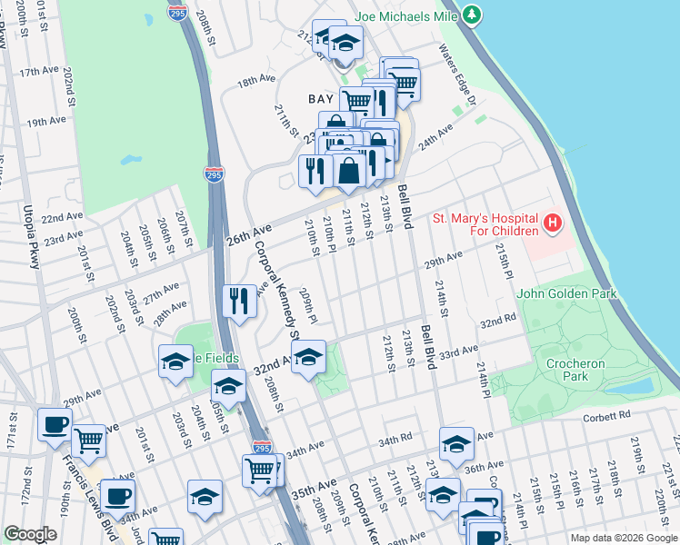 map of restaurants, bars, coffee shops, grocery stores, and more near 210-07 29th Avenue in Queens