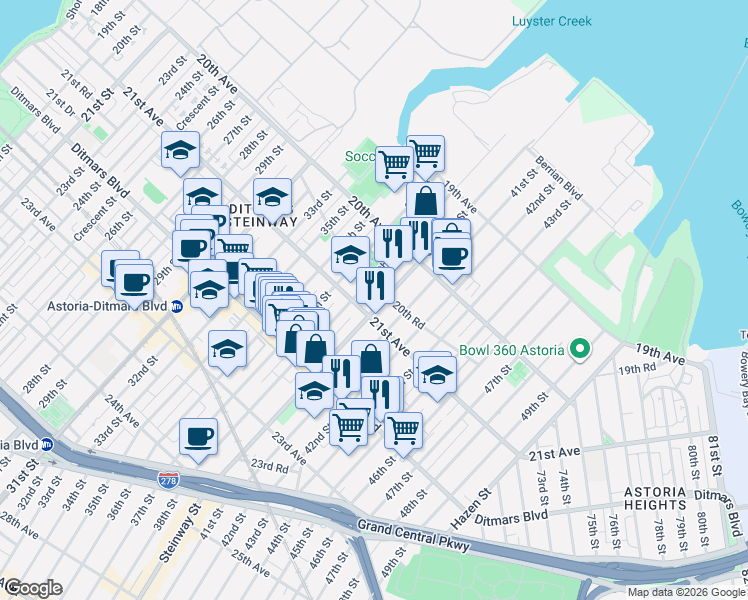 map of restaurants, bars, coffee shops, grocery stores, and more near 20-79 Steinway Street in Queens