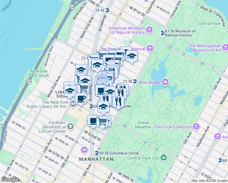 map of restaurants, bars, coffee shops, grocery stores, and more near 88 Central Park West in New York