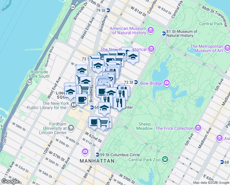 map of restaurants, bars, coffee shops, grocery stores, and more near 88 Central Park West in New York