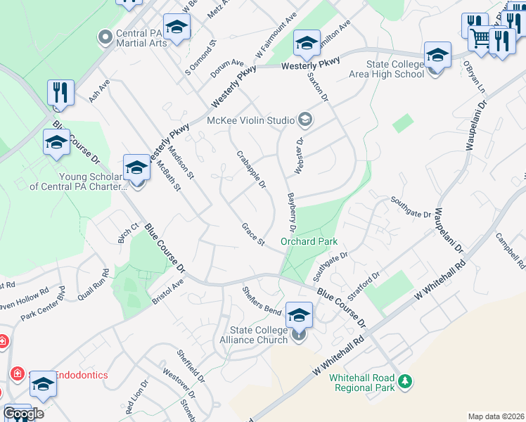 map of restaurants, bars, coffee shops, grocery stores, and more near 1044-1098 Crabapple Drive in State College