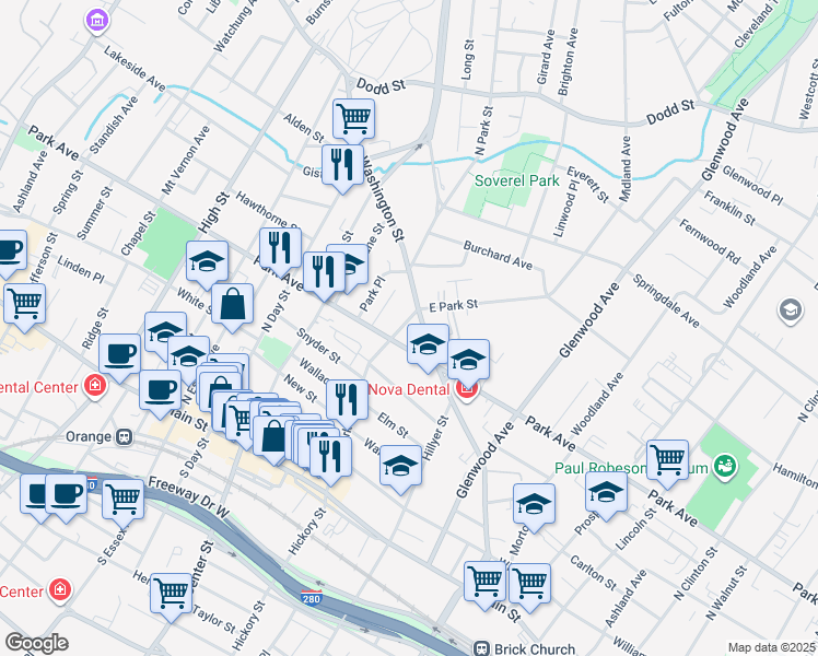map of restaurants, bars, coffee shops, grocery stores, and more near 730 Park Avenue in East Orange