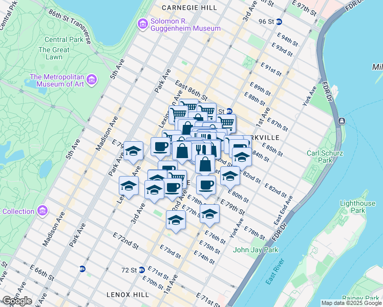 map of restaurants, bars, coffee shops, grocery stores, and more near 231 East 81st Street in New York
