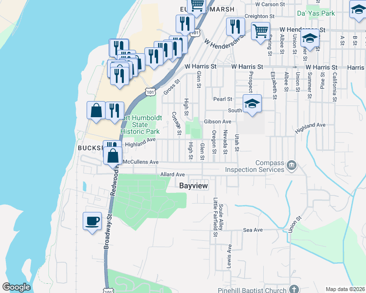 map of restaurants, bars, coffee shops, grocery stores, and more near 3565 Cottage Street in Eureka