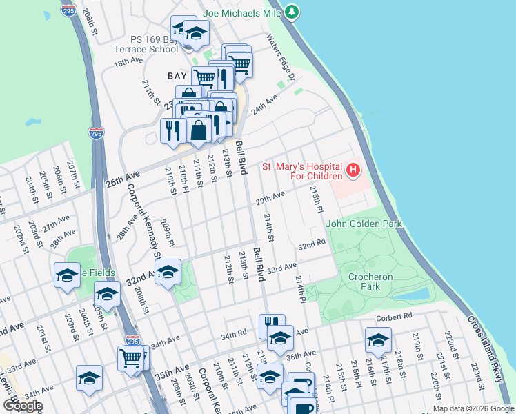map of restaurants, bars, coffee shops, grocery stores, and more near 29-29 Bell Boulevard in Queens
