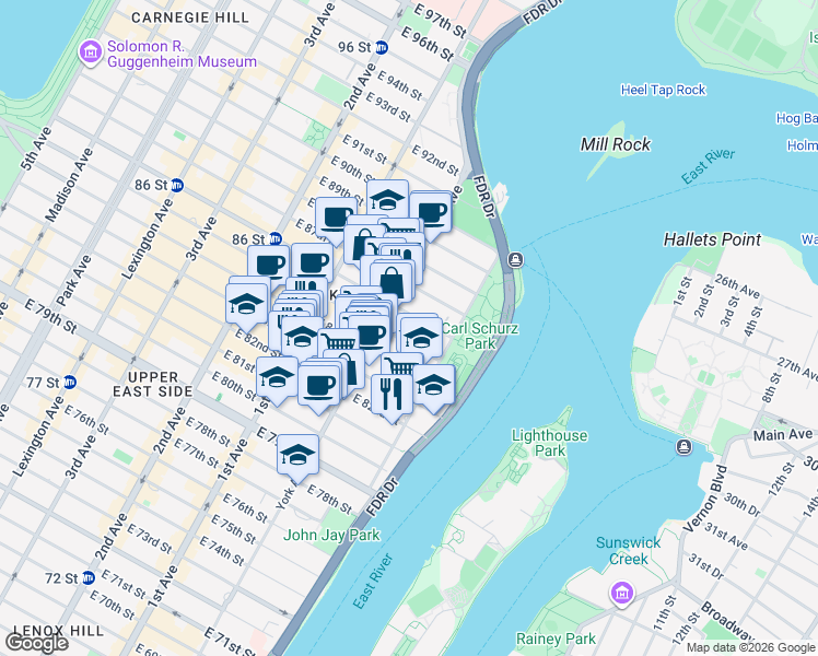 map of restaurants, bars, coffee shops, grocery stores, and more near 510 East 85th Street in New York