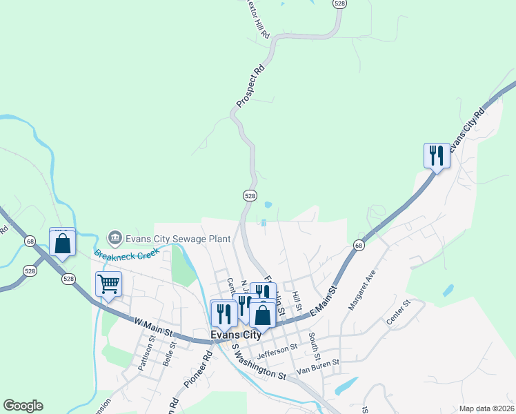 map of restaurants, bars, coffee shops, grocery stores, and more near 325 Prospect Road in Evans City