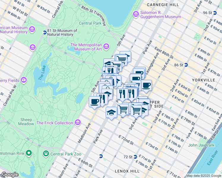 map of restaurants, bars, coffee shops, grocery stores, and more near 40 East 78th Street in New York
